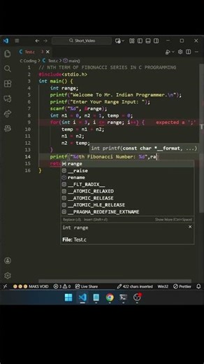 display nth number of fibonacci series in c programming | day - 61 #shorts #viral #cprogramming