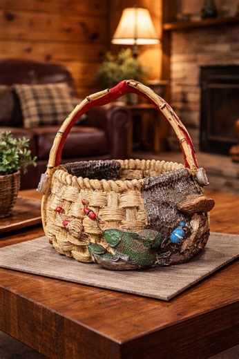 Rustic Fishing Basket Planter Decor Fish Creel Cabin Lodge Figurine - Etsy