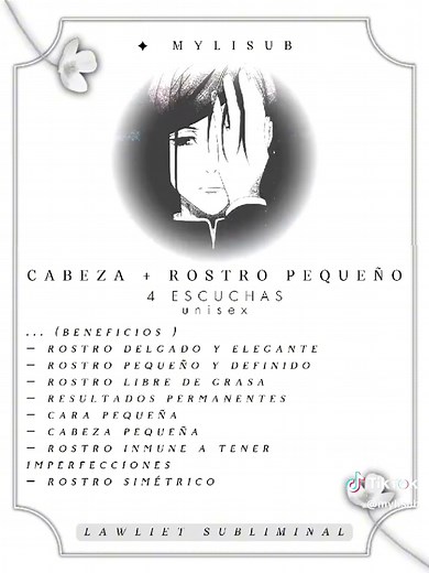 no supero este edit, iré a llorar | mañana subiré más audios ㅤㅤ ㅤㅤ .ㅤ .ㅤ . . ⊹ ︶︶︶ ⪩ ⪨ ︶︶︶ ⊹ . ️️ — D e s c r i p t i o n ¿Esto que es? . . Audio subliminal con afirmaciones aceleradas y/o repetitivas, estas llegan a tu subconsciente y cumplen lo resultados con ayuda de tu esperanza y fé — I n f o r m a t i o n ୨୧ Tienes un rostro muy lindo! ୨୧ Escuchas: 4 ୨୧ Unisex — B e n e f i t s 🦴rostro delgado y elegante 🦴 rostro pequeño y definido 🦴 rostro libre de grasa 🦴 resultados permanentes 🦴 ca
