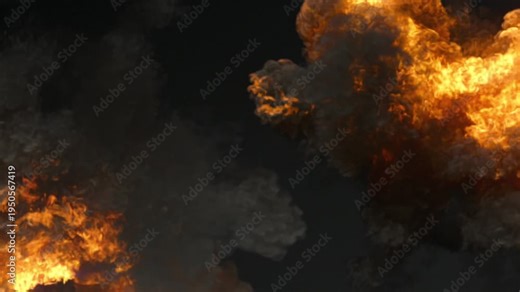 A double, large-scale explosion of flames and smoke on a black background. A realistic 3D simulation of two sources of fire and a powerful detonation. VFX footage for film production and video editing
