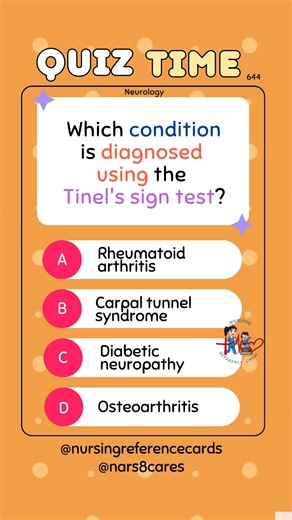 1.9K views · 23 reactions | Which condition is diagnosed using the Tinel's sign test? * * * * * * * * #nurses #doctors #nursing #medical #nurseexam #NCLEX #nclexreview #nclexrn #registerednurse #medicaldoctor #medicine #studentlife #exam #exampreparation #nclexprep #nursingstudent #medicalstudent #RN #NMC #NGN #PNLE #NLE #USRN #RN #rnlife #nursinglife #fbreels #fypシ゚ @highlight @followers @everyone | Nursing Reference Cards | Facebook