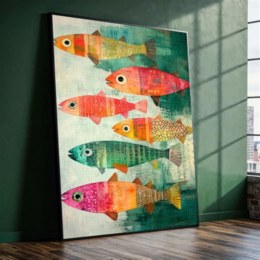 Colorful Fish Art Canvas, Abstract Sea Creatures Wall Art, Ocean Life Painting, Vibrant Marine Decor, Home Wall Decoration, Ready to Hang - Etsy