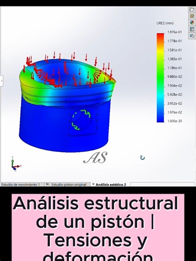 Así se comporta un pistón bajo carga. Análisis FEM con tensiones de von Mises y desplazamientos en SolidWorks. #Ingeniería #EngineeringTok #FEM #SolidWorks #CAD #STEM #IngenieríaMecánica #simulation #PISTON #automotive #MOTOR