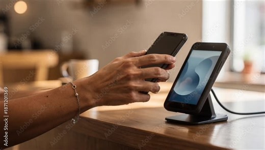 Hispanic woman contactless payment coffee shop transaction at counter using wireless technology for morning beverage purchase