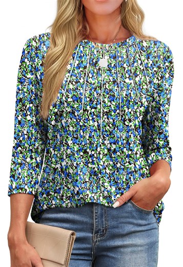 Fantaslook Womens Plus Size Tops 3/4 Sleeve Pleated Dressy Blouses Crew Neck Casual Tunic Tops Summer Shirts