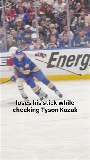 Kaiden Guhle Montreal Canadiens breaks his stick in game 1; the Buffalo Sabres maintain pressure