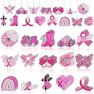 CNhoqc Breast Cancer Awareness Ornaments, 45Pcs Breast Cancer Prevention | Theme Wooden Hanging Ornaments Pink Ribbon Boxing Glove Boot Text Decor for Patient Survivor Awareness Event Gift Party Favor