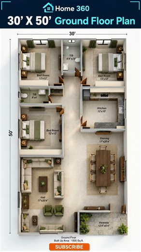 30x50 House Plan With 3 Bedrooms