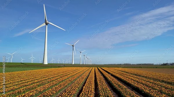 Explore the picturesque landscape of the Netherlands, with iconic windmill turbines symbolizing sustainability and the vital shift towards green energy amidst vibrant blooming tulip fields