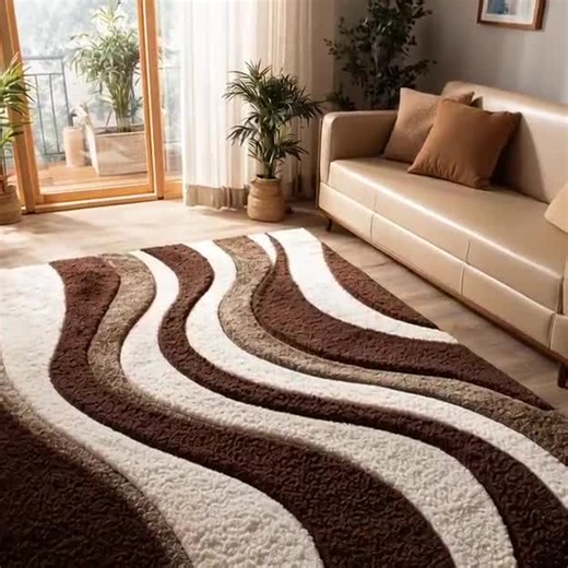 Hand-tufted Wool Rug: Brown & Ivory Wavy Design, Modern Carpet - Etsy