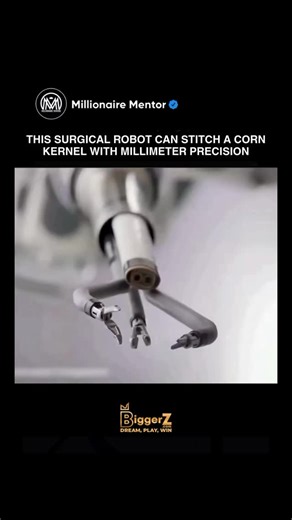 Millionaire Mentor on Instagram: "What you’re watching is not a trick or a prop. It’s a real surgical robot demonstrating how far medical robotics has advanced. Researchers often use corn kernels or grapes to test surgical precision because they are fragile, slippery, and unforgiving. If the robot applies too much force or misses by a fraction of a millimeter, the material tears instantly. The robot in this video uses advanced sensors, computer vision, and AI-guided motion to perform stitches wi