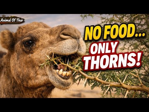 Hungry Camel Eating Thorns Tree In Desert