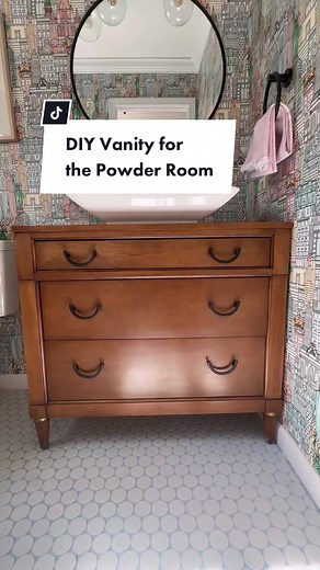 DIY vanity for the powder room makeover. Budget friendly and much more character. This project is easier than you would think… see how I did it here! #diyvanity #bathroommakeover #budgetdiy #budgetmakeover #budgetbathroom