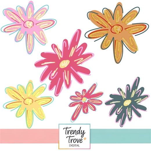 Groovy Daisy Flower PNG Clipart Set: Retro Glitter Doodle Floral Graphics - Etsy
