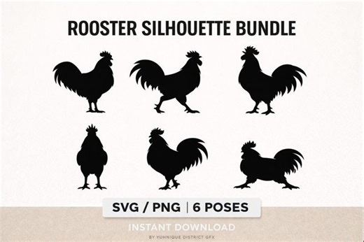 Rooster Silhouette SVG Bundle | 6 Dynamic Chicken Poses | Farm Animal Outline PNG | Rustic Farm Graphic Download - Etsy