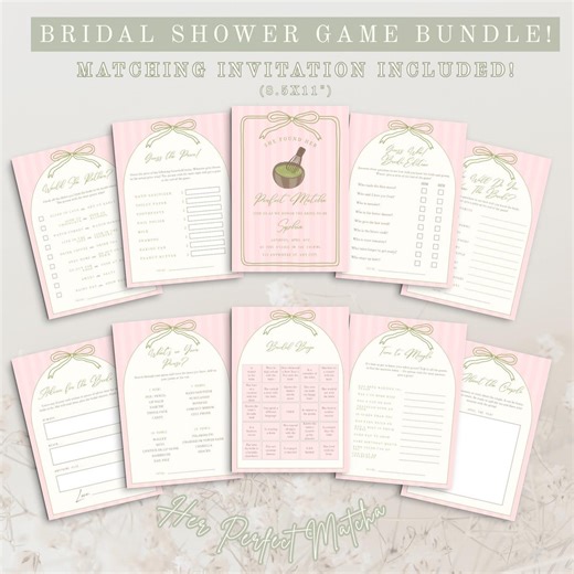 Bow Bridal Shower Bundle Bridal Games Template Her Perfect Matcha Invitation Printable Instant Canva Download DIY Bachelorette Party Games - Etsy
