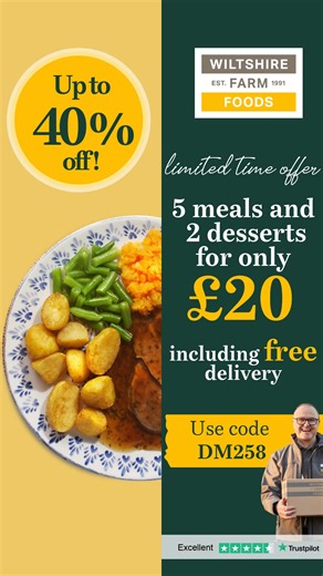 Get 5 delicious meals and 2 desserts for just £20, using code DM258! ✔ Choose 5 mains and 2 desserts from our Taster Menu for your first order ✔ Enjoy free delivery right to your door ✔ No subscription required - just heat, eat and enjoy! ✔Loved by over 58,000 happy customers with an outstanding 4.7 rating on Trustpilot! Limited time offer! Order before 5pm, 12th November 2025 For new customers only. | Wiltshire Farm Foods