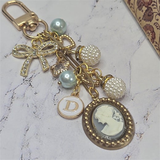 Personalized Blue Cameo Bag Charm Custom Keychain Initial Pearl Purse Clip Romantic Accessory - Etsy