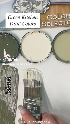 Are you as obsessed with green paint colors as I am? Here’s the green #allinonepaint colors I would choose for my kitchen right now. (Left to right) ENVY, LINEN & SIMPLY SAGE. Would you use this color palette in your kitchen for cabinets & wall? Comment BUNDLE & get our cabinet painting bundle for less than $90 and paint your cabinets without sanding, priming or sealing. #heirloomtraditionspaint #cabinetpainting #kitchenremodel #kitchenrenovation #kitchen
