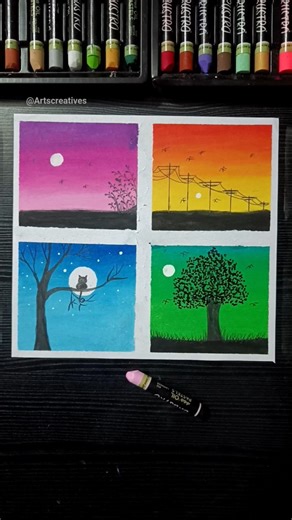 ✨🌅4 Mini Sunset Landscapes |Easy OilPastel Tutorial for Beginners