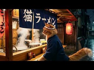 Open Late! 🏮 Ginger Cat Chef Serving Ramen to a Raccoon 🦝