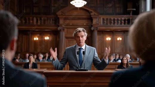 Confident male speaker standing at a courtroom podium delivering a formal speech during a legal hearing in a classic judicial interior