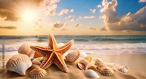 Beach scene with starfish and seashells on the sand, basking in the warm glow of the setting sun. Tranquil beach at sunset with starfish and seashells. Beautiful coastal sunset with starfish and shell