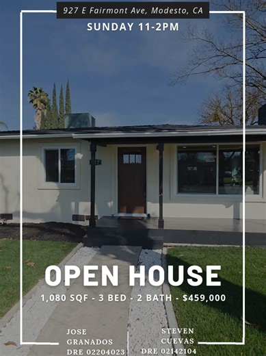 🏡 OPEN HOUSE THIS SUNDAY | 11AM–2PM 📍 927 E Fairmont Ave, Modesto 💲 $459,000 Join me and Steven Cuevas this Sunday! ✔️ 3 Bedrooms | 2 Bathrooms ✔️ Fully Renovated Inside & Out ✔️ Huge 14,000 sq ft Corner Lot ✔️ RV Access ✔️ ADU / Future Build Potential (buyer to verify) This home feels BRAND NEW — new roof, stucco, windows, flooring, quartz kitchen, custom fireplace wall, fully updated bathrooms with quartz slab showers… move-in ready 🔥 If you’ve been looking for space style future upside, t