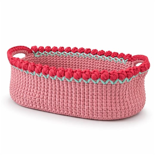 Pink Crochet Storage Basket, T-shirt Yarn Organizer, Tulip Flower Edge Bin - Etsy