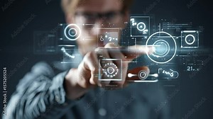 Interactive Technology Interface with Man Engaging Touchscreen Display with ai generated