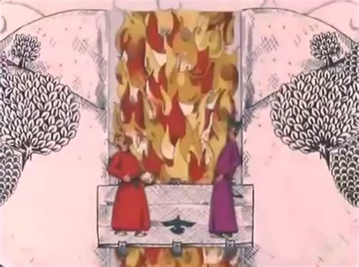 animation enjoyer on Instagram‎: "A clip from “Flower Storm (گل‌باران)” (1972), by Ali Akbar Sadeghi, a Persian animation masterpiece where a quarrel between kings leads to war, but the children replace cannonballs with flowers, turning battle into beauty. #animation #PersianAnimation #AliAkbarSadeghi #FlowerStorm #IranianArt"‎