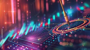 A colorful image of a graph with a yellow pencil pointing at it. Concept of focus and determination, as if the pencil is trying to make a mark on the graph