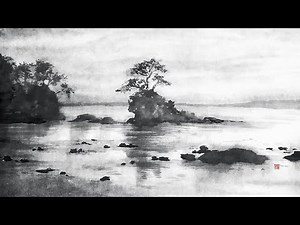How to draw a sea Landscape painting "The Beach". Sumi-e/ink painting/watercolor/
