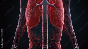 A highly detailed video of the human respiratory system, showcasing the lungs, trachea, and surrounding structures against a dark background