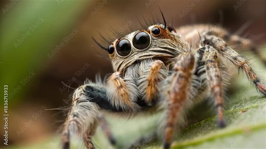 Close up jumping spider macro portrait with large eye reflections, hairy leg and fluffy hairy body leaf. curious arachnid close up, dramatic shallow