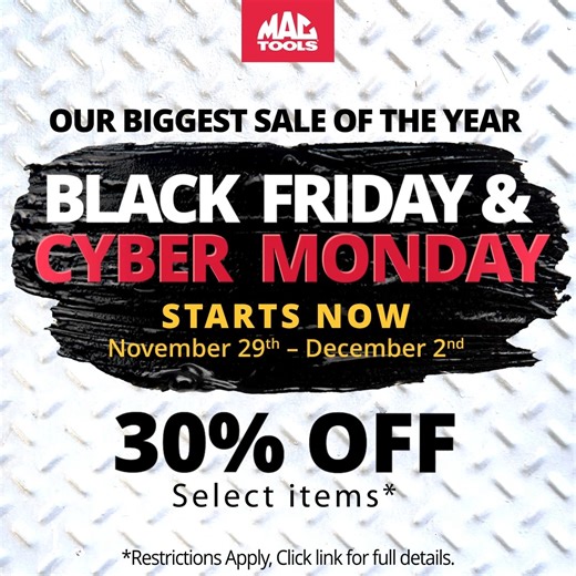 7.7K views · 27 reactions | Our biggest sale of the year is happening now! Save 30% off on select tools now until 12/2/2024. Restrictions apply, Click here for full details: https://bit.ly/BlackFridayCyberMondaySale2024 #MacTools #BlackFriday #CyberMonday | Mac Tools | Facebook