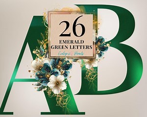 Letters Clipart Emerald Green Letter PNG Green Floral Letters Clipart Card PNG 26 English Alphabet | Commercial Use Clipart Transparent - Etsy