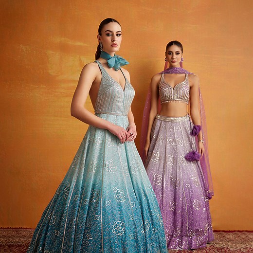Royal Radiance🌟 Slay the reception in blue and purple lehenga with silver detailing ✨ Fashion finesse awaits at our store💫 #neerusindia #neerus #neerusfashion #newcollection #ethnicwear #lehengas #bridal #gowns #sarees #fusion | Neerus India