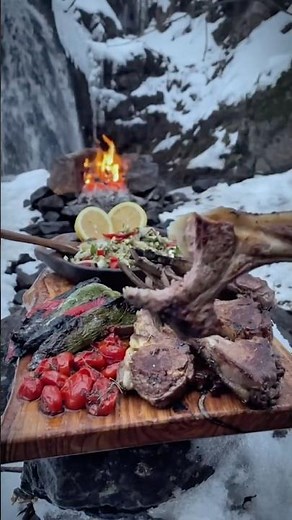Winter Tent Camping Easy Grilled Ribs and Salad Meal #cooking #tentcamping #wintercamping