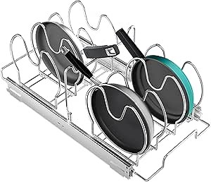 Pull Out Pots and Pans Organizer for Cabinet, Adjustable Slide Out Pan and Pot Lid Rack Holder Under Cabinet Kitchen Organization and Storage, Cutting Board Bakeware Tray Organizer-11in.W x 21in.D
