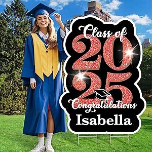 Personalized Graduation Yard Sign Class of 2025, 35 Inch Large Grad Yard Sign, Custom Name Outdoor Welcome Sign with Stake, Graduation Decorations Party Backdrop, High School College Gifts, Red