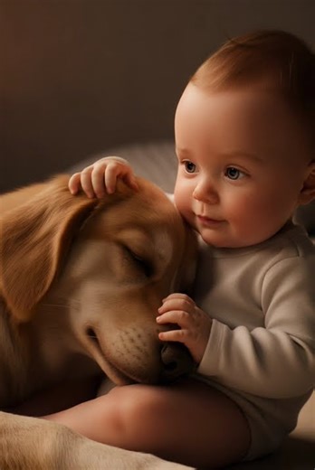 Gentle Guardian: Baby and Dog Share Pure Moment of Trust and Love