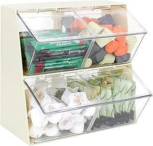 Bokelai Creamer Holder Plastic Tea Bag Organizer with Lid Large Capacity K Cup Countertop Organizer Versatile Desk Storage Station for Capsule Suger Pods Face Mask Cream/Clear