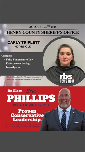 The Henry County Sheriff's Office arrest report for October 30, 2025. AD | On Nov. 4 re-elect Delegate Eric Phillips to the 48th District for proven conservative leadership. 🇺🇸 | rbs news now