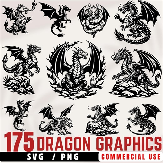 175 Dragon Graphics SVG Bundles for Cricut and Laser Engraving Fantasy Fire Dragon Clipart Pack Instant Downloads - Etsy