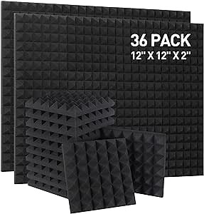 Sound Proof Foam Panels, 36 Pack 12 X 12 X 2 Inches High Density Acoustic Panels Pyramid Sound Proof Panels for Walls Studio, Fire Resistant & Sound Absorbing Foam (Black)