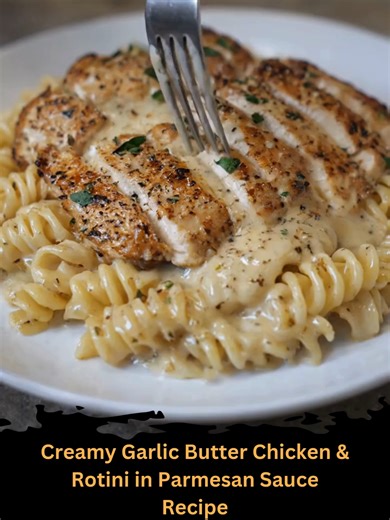 Creamy Garlic Butter Chicken & Rotini in Parmesan Sauce Ingredients 4 boneless, skinless chicken breasts 2 tablespoons olive oil 4 cloves garlic, minced 1 cup heavy cream 1 cup grated Parmesan cheese 1/2 cup chicken broth 1 teaspoon Italian seasoning Salt and pepper, to taste 8 oz rotini pasta Fresh parsley, chopped (for garnish) Instructions Cook the Pasta: Boil rotini in salted water according to package directions until al dente. Drain and set aside. Sear the Chicken: Heat olive oil in a larg