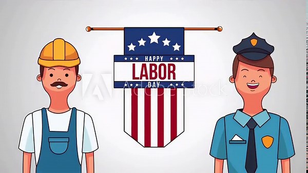 Labor Day Animation with Worker and Officer Celebrate the workforce with this animated design, featuring a construction worker and a police officer.