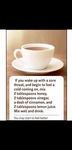 4.1K views · 19 reactions | Feeling a sore throat coming on? �� Mix 2 tablespoons of honey, 2 tablespoons of vinegar, a dash of cinnamon, and 2 tablespoons of lemon juice. Stir well and sip slowly. This warm natural mix may help soothe your throat and give you quick comfort. Stay hydrated and rest well! #fblifestyle | Cleaning tips and recipes | Facebook