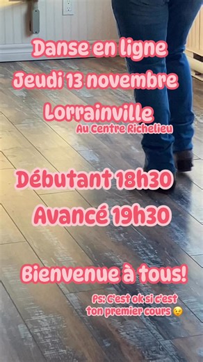 Cours de Danse en ligne Jeudi le 13 novembre Au Centre Richelieu de Lorrainville, dans la salle La Marianne (celle en haut) 1h de cours : 12$ 2h de cours: 15$ 💵Argent comptant seulement 🤩Voici vos danses de la semaine!! 🤩 💃🏻🍷18h30 Débutant Danse: Glass of Wine Chorégraphe: Malene Jakobsen Musique: Cry to Me - Kilotile 🪩💃🏻19h30 Intermédiaire Spécial Rétro cette semaine Danse: Doctor Doctor Chorégraphie : Masters In Line Musique: Bad Case Of Loving You - Robert Palmer À jeudi!! 😉 | Studi